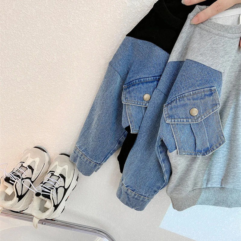 Spring Boys and Girls Top Denim Patchwork Sleeve Loose Hoodie Autumn Casual Childrens T-shirt 241210