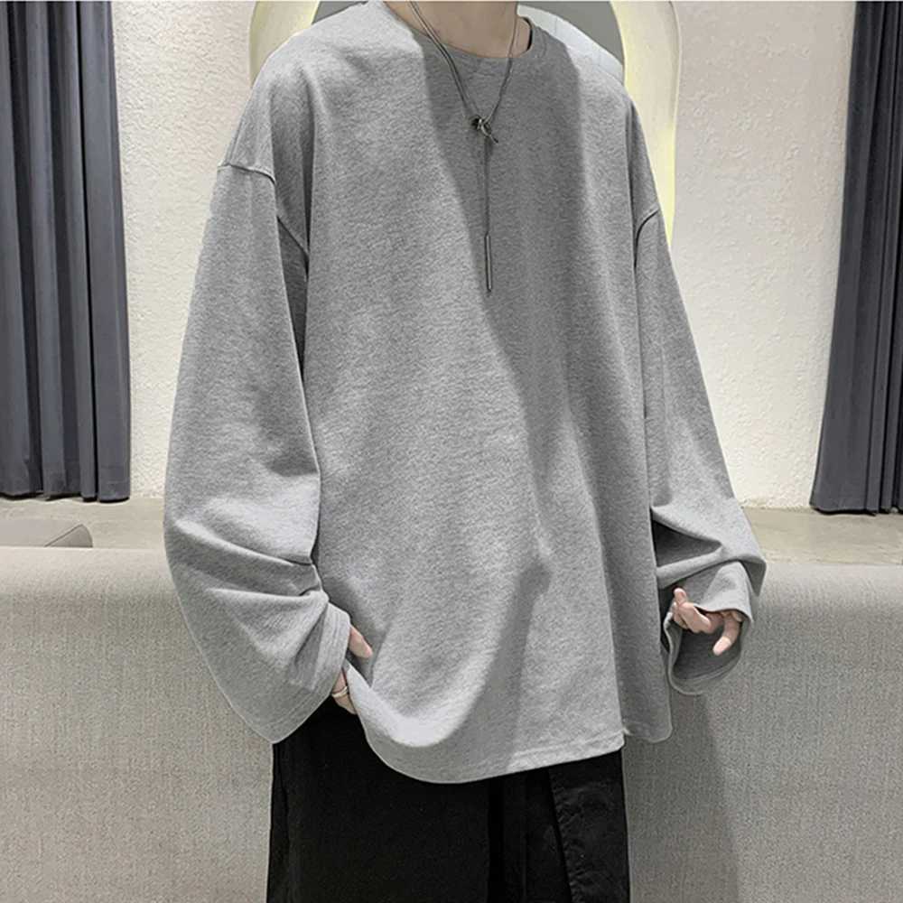 Cotton oversized mens T-shirt mens long sleeved solid color mens T-shirt womens top W241210