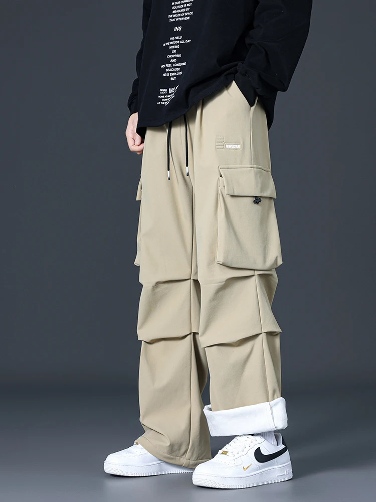 Winter Cargo Pants Men Fleece Liner Thick Warm Straight Casual Pants Big Size 8XL 7XL 6XL Wide Leg Loose Thermal Trousers 241209