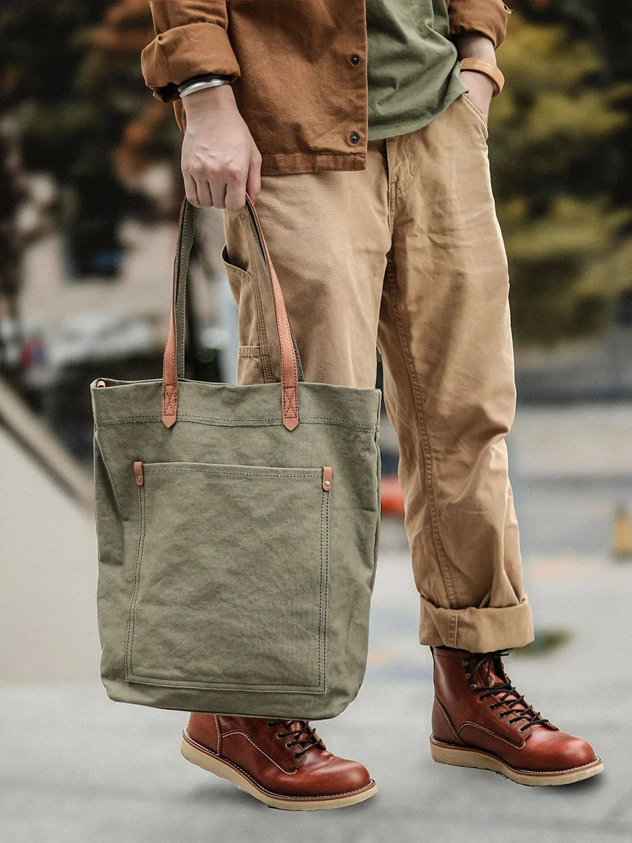 Mens Retro Handbag 16 oz Canvas Shoulder Bag Top Leather 241204 - view 3