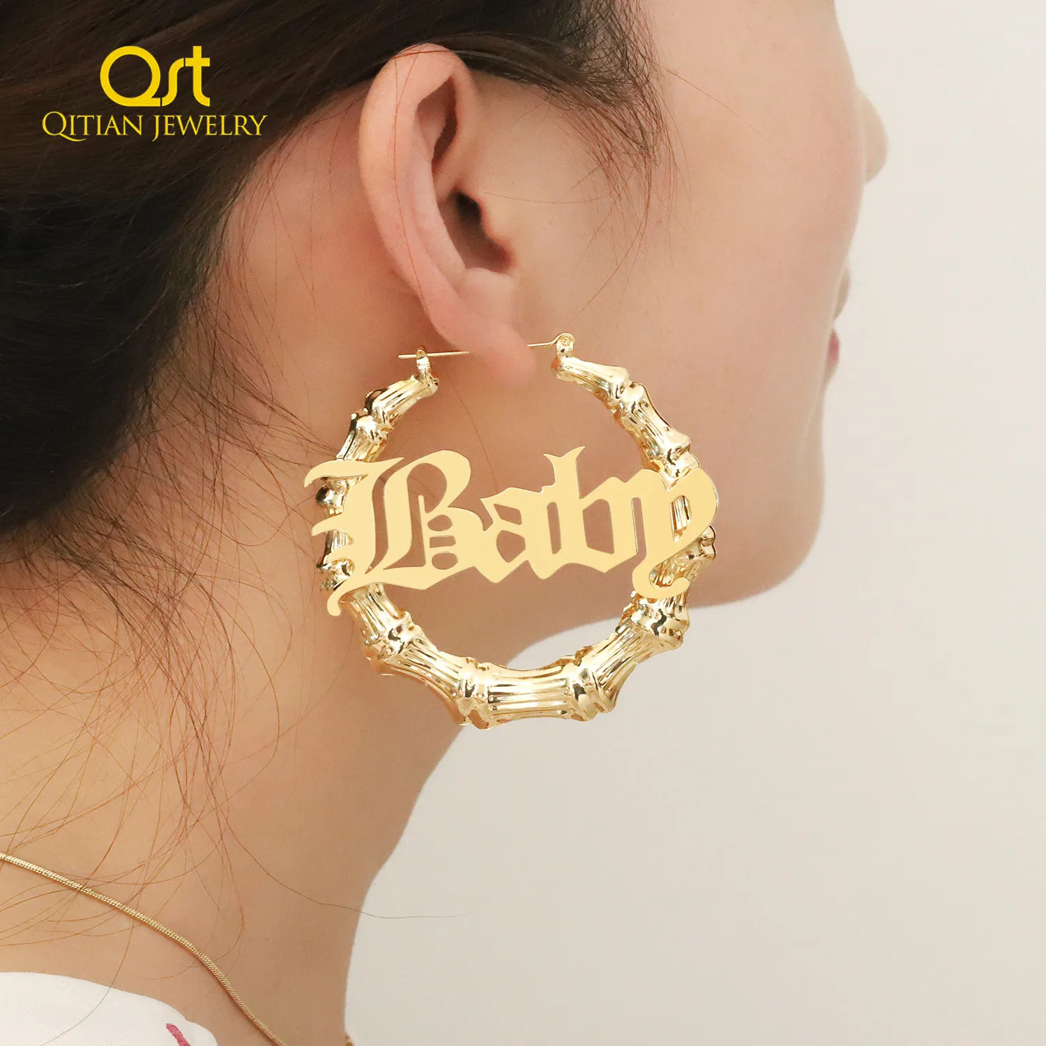 30mm-100mm custom bamboo hoop earrings customized name earrings bamboo style personalized earrings with text description hip-hop sexy 241209