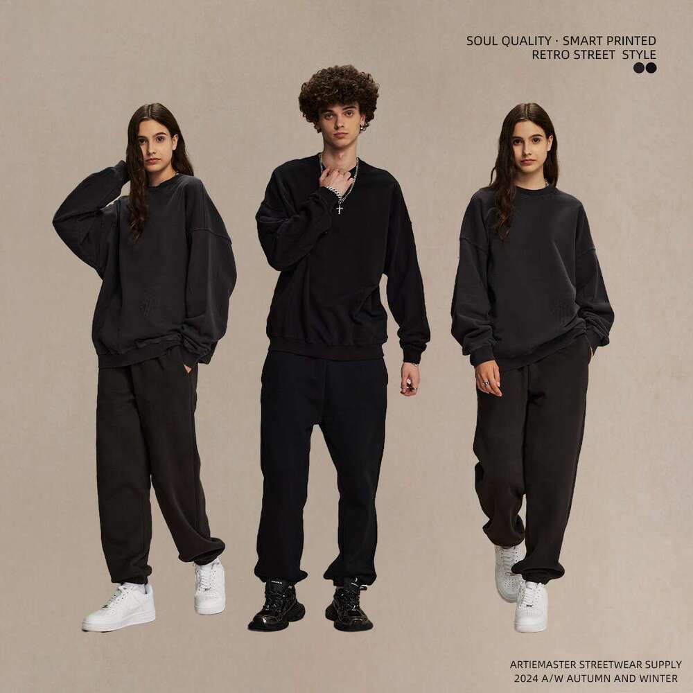 2024 New Product 430g Grinding Edge, Piercing, Washing Water to Make Old Round Neck Men's Street Trendy Brand Retro Thin Sweatshirt for Men