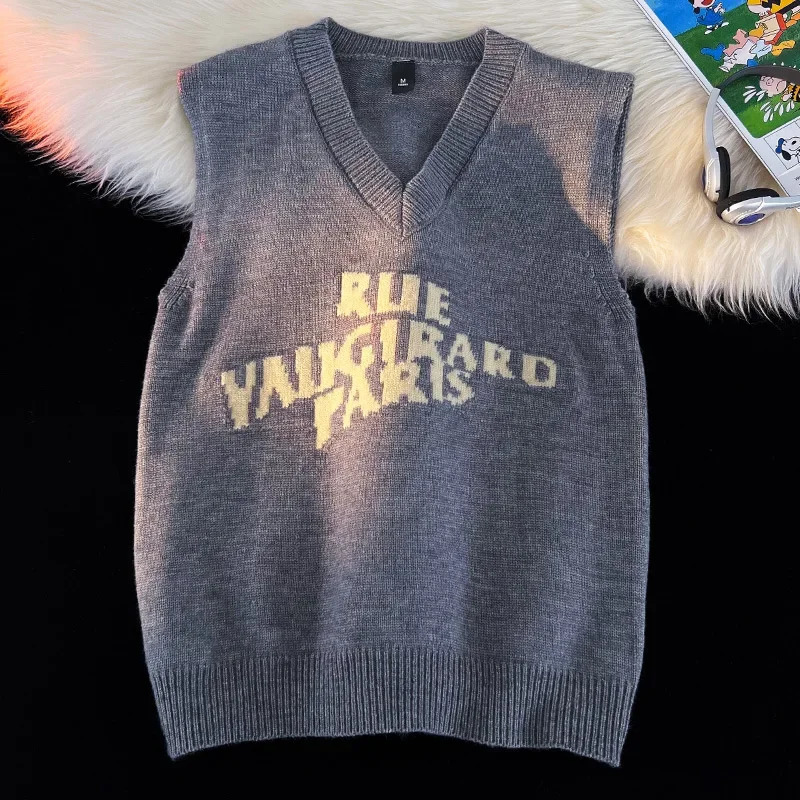 Vneck Sweater Vest Mens Fall Winter Trend Casual College Style A Base Embroidered Letter Comfortable 241209