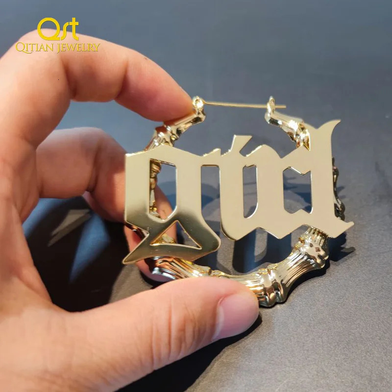 30mm-100mm custom bamboo hoop earrings customized name earrings bamboo style personalized earrings with text description hip-hop sexy 241209