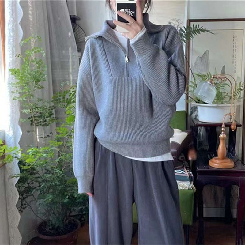 Half zipper stand up collar women's autumn winter new Korean version simple and lazy style loose casual pullover knitted sweater top