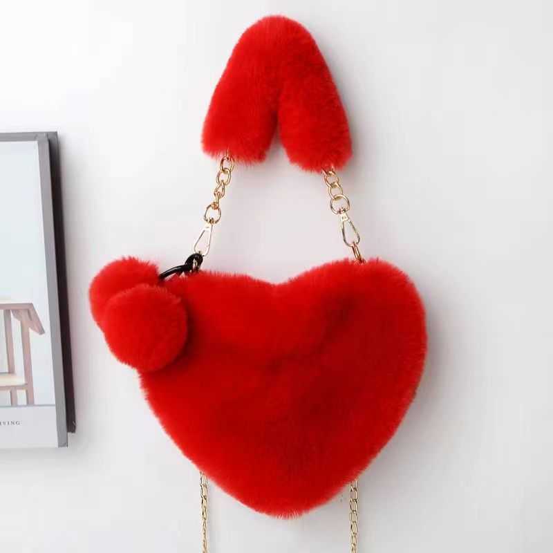 Love handbag imitation otter rabbit furry one shoulder diagonal cross mobile phone bag girl peach heart plush chain bag