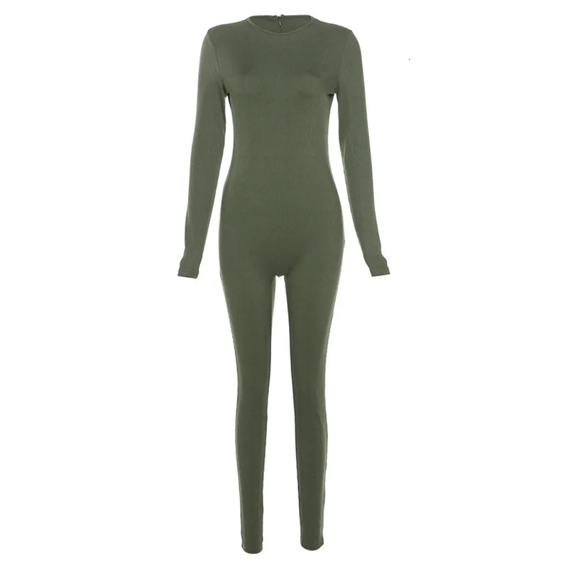 Green sports fitness jumpsuit womens autumn and winter knitted long sleeved tight onepiece streetwear sexy running top 241209
