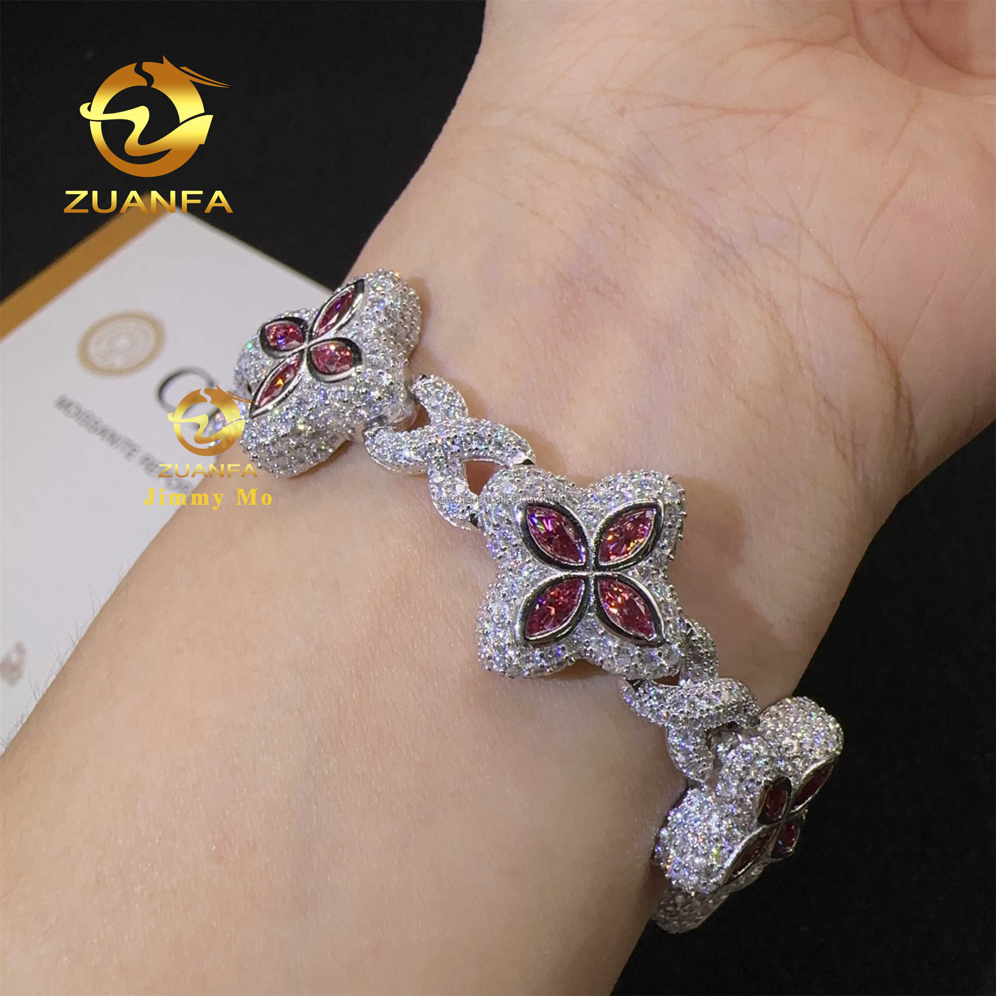Fashion 18mm 925 Silver Marquise Flower Design Hip hop Jewelry Iced out Moissanite Diamond Infinity Cleef Clover Cuban Bracelet