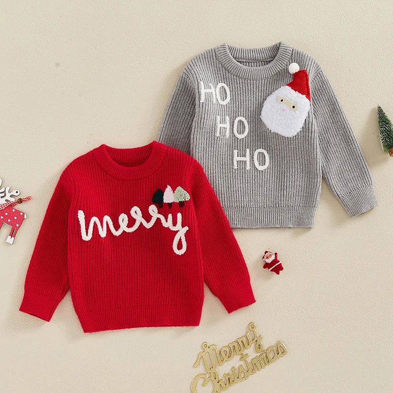 Preschool Baby Christmas Sweater Boys and Girls Alphabet Tree/Santa Claus Embroidered Long Sleeve O-Neck Ribbed Knitted Floral Top 241210