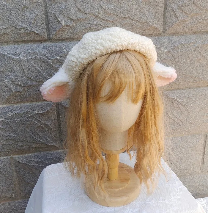 Original handmade cute Lolita lamb ears for autumn and winter beret milk white hat 241209