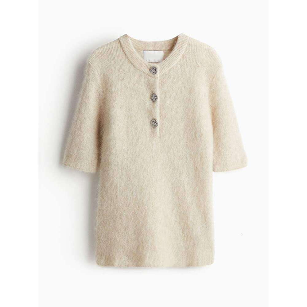 Women Fashion Wool Half Sleeve Slim Skirts Suits Female Button Knit Top Suit New Lady Commute Casual Knitted Outfits