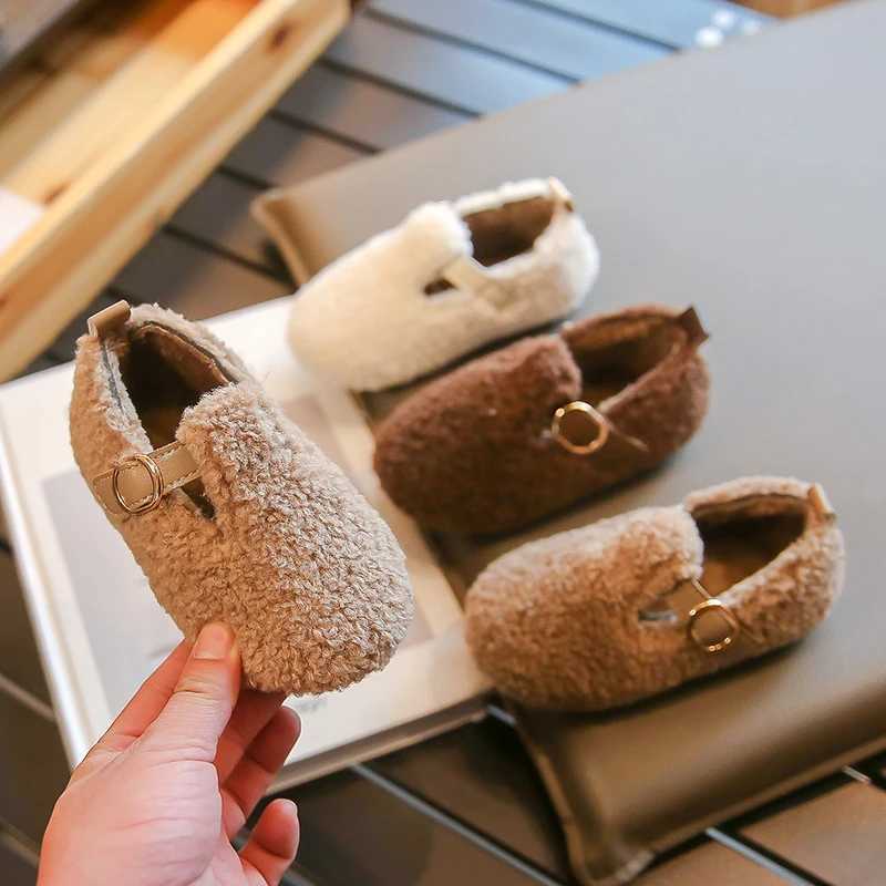 Autumn Winter Children Furry Shoes Fashion Warm Kids Princess Shoes Korean Sle Shallow Girls Shoe Cover Toe Plush Flat ShoesXJ241209
