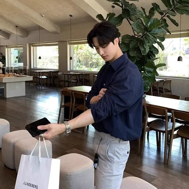 Product Style Mens Shirt Navy Blue Simple Korean Fashion Loose Japanese Harajuku Long Sleeve Cotton Business Intelligence Casual Handsome 241209