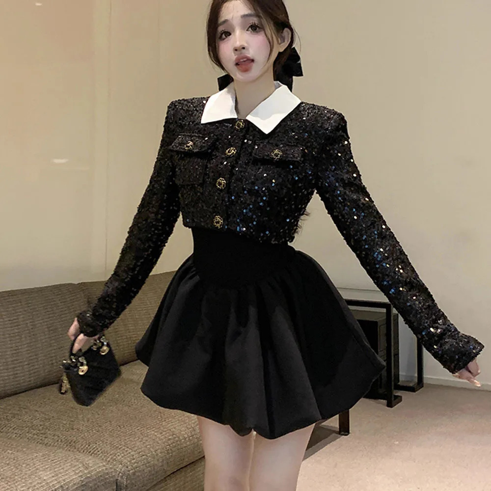 Korean Style Small Fragrance Wind Jackets For Ladies Fashion Sequin Tweed Short Coat Tops Women Spring Autumn y Outerwear 241209