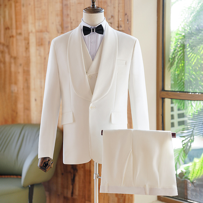 KC00 Men's white suit three-piece host stage performance suit slim handsome groom wedding dinner dress