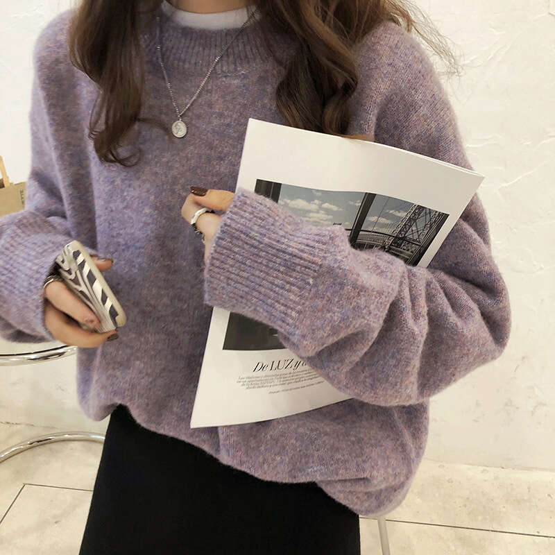 Solid color 2023 lazy style pullover autumn and winter new collection Korean loose round neck knitted sweater for women's outerwear trend