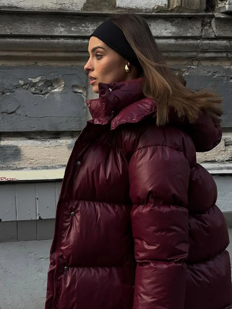 Women Fashion Burgundy Red Hooded Padded Jacket Winter Warm Stand Collar Zipper Breasted Parka 2024 Lady High Streetwear 241210