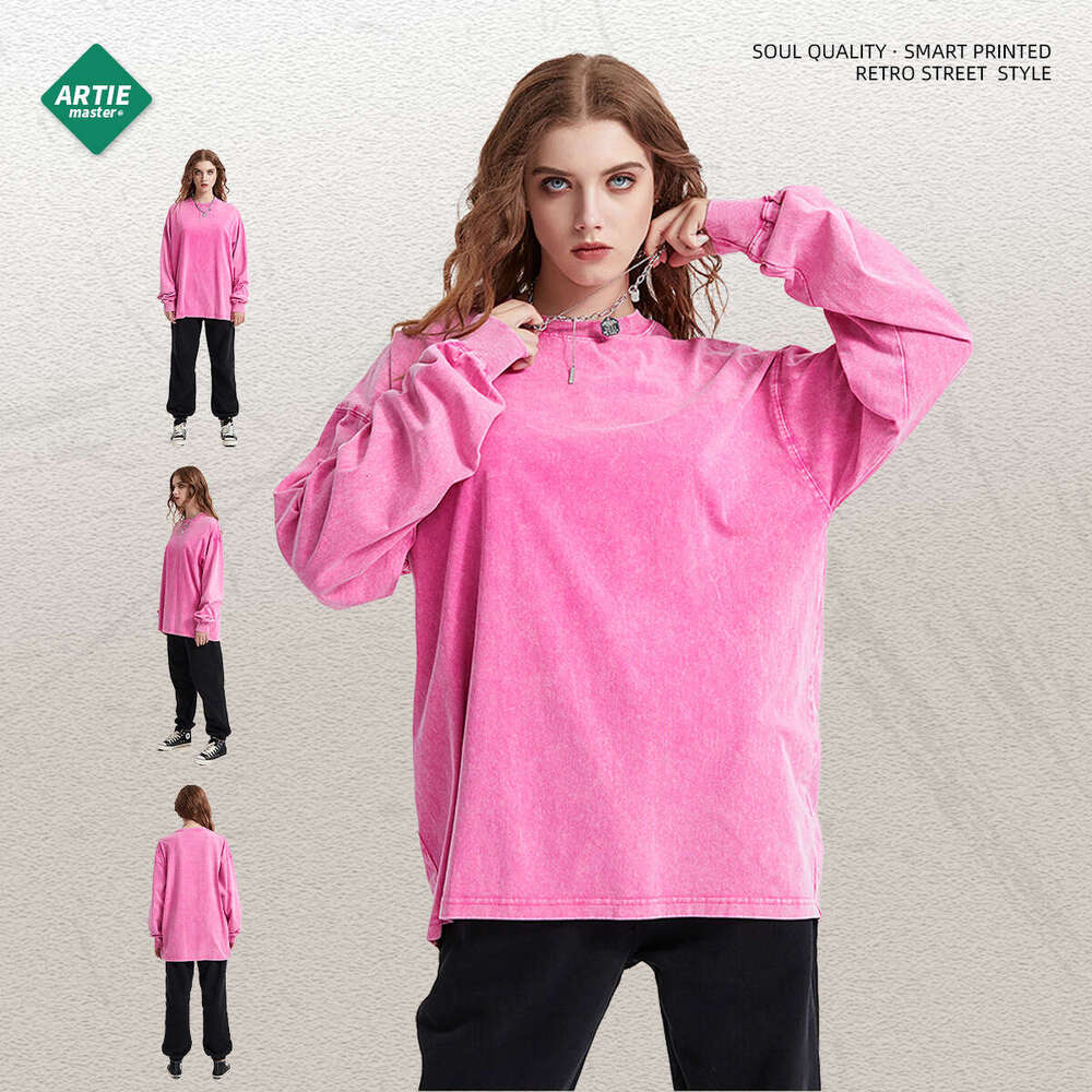 Trendy brand new wax printed 250G long sleeved in 10 colors autumn winter solid color washed and worn men's T-shirt