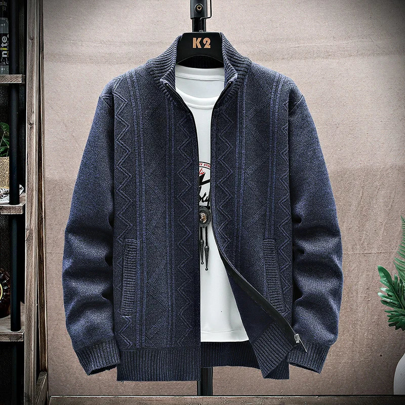 Autumn Korean style stand up collar mens sweater thick velvet mens cardigan sweater jacket mens solid color 241205
