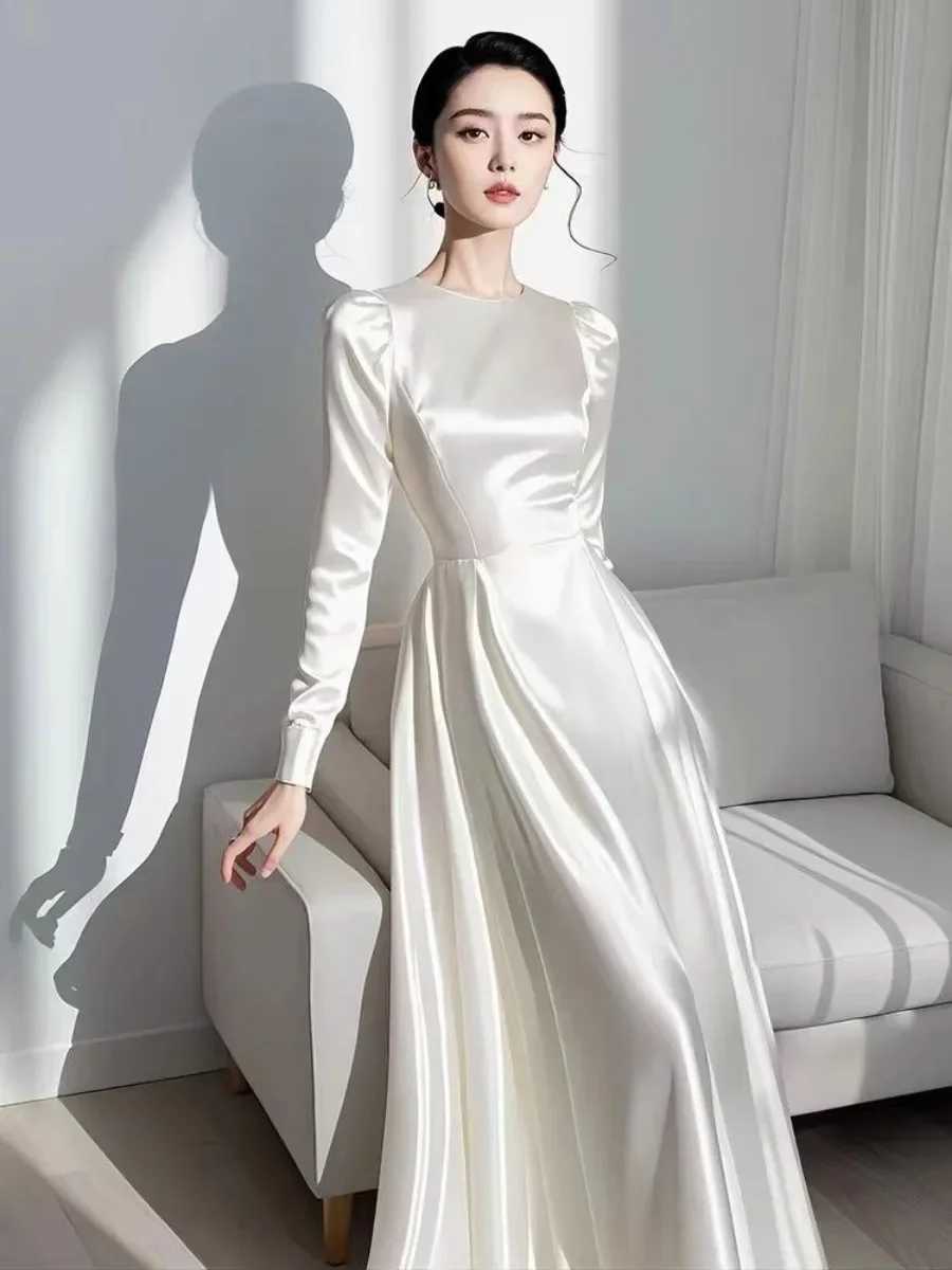 2024 Autumn Ele Satin Womens Long Sve Dress Round Neck White French Midi Skiing Womens A-Line Evening Dress N1013-1 W241210