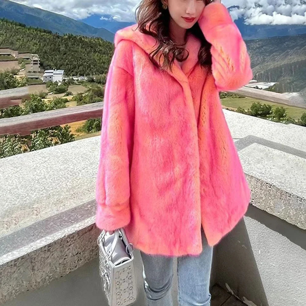 Online celebrity explosion faux fur fashion hooded coat temperature womens winter goddess casual color loose mink coat 241202