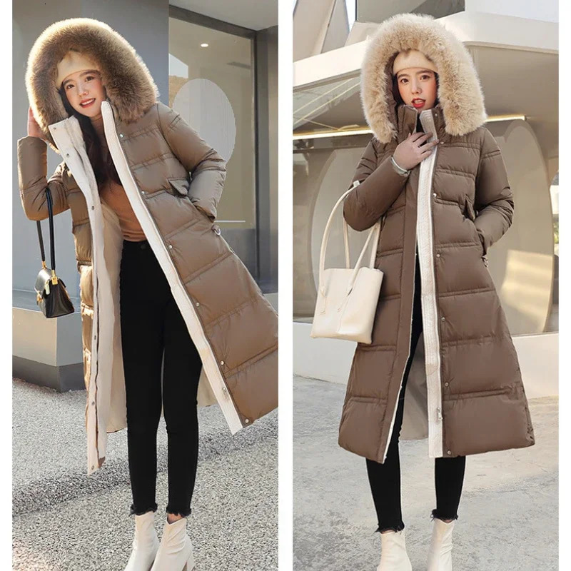 2024 Winter Down Cotton Parkas Jacket Womens XLong Faux Fur Collar Padded Thick Loose Large Size 241220
