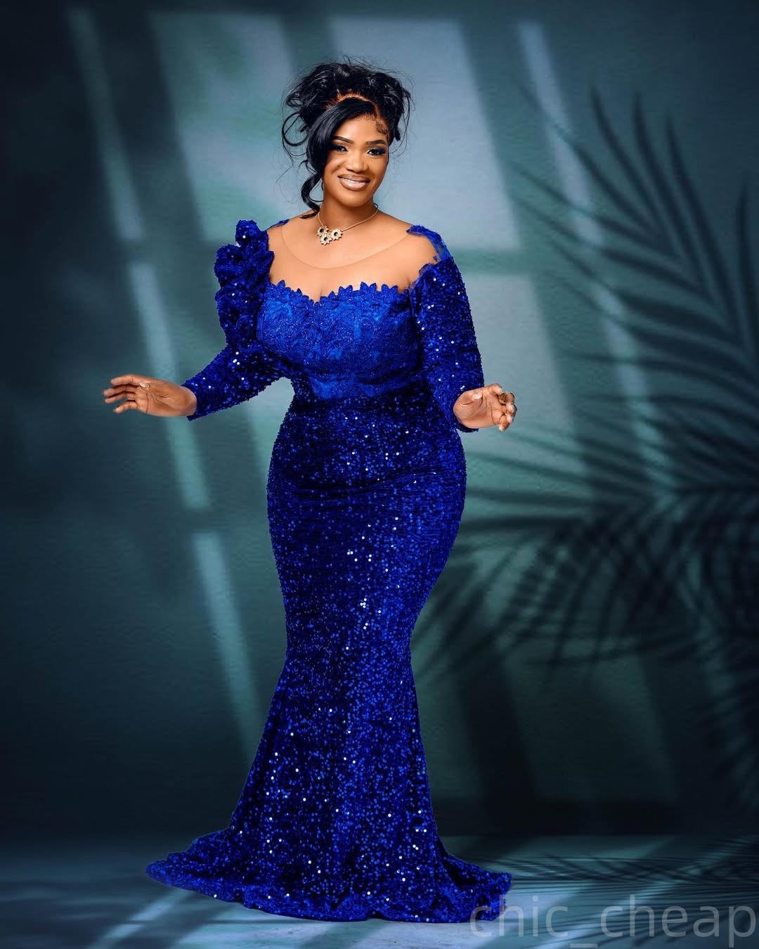 Royal Blue Mermaid Prom Dresses 2025 Lace Sequined Sheer Neck Evening Formal Party Second Birthday Engagement Gowns Plus Size Dress For Special Occasi