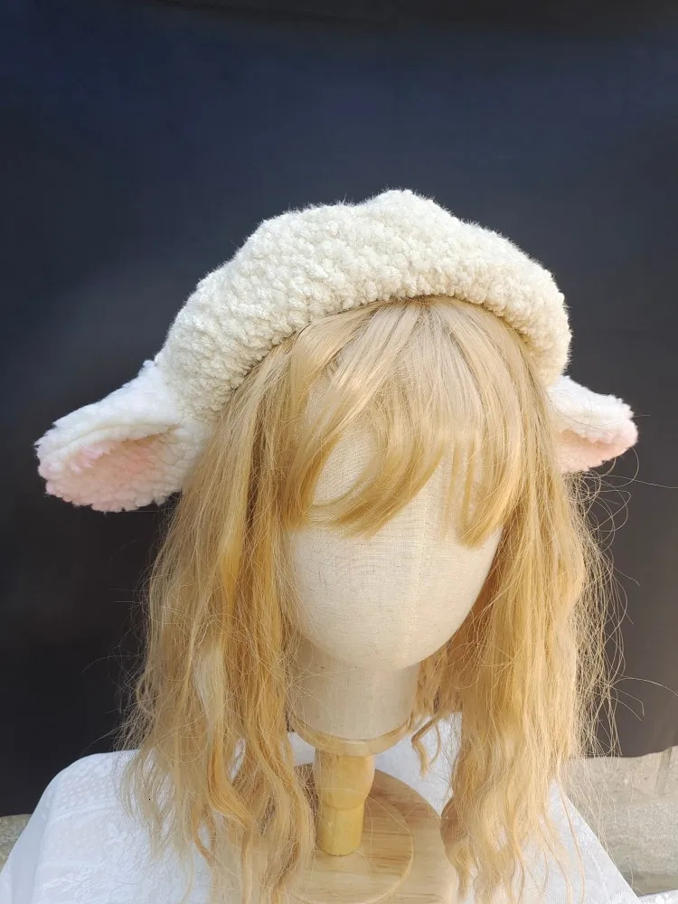Original handmade cute Lolita lamb ears for autumn and winter beret milk white hat 241209