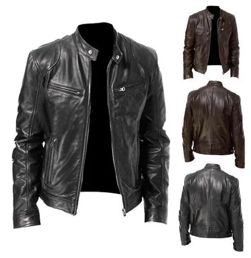 Mens leather jacket stand up collar punk style leather jacket 241205