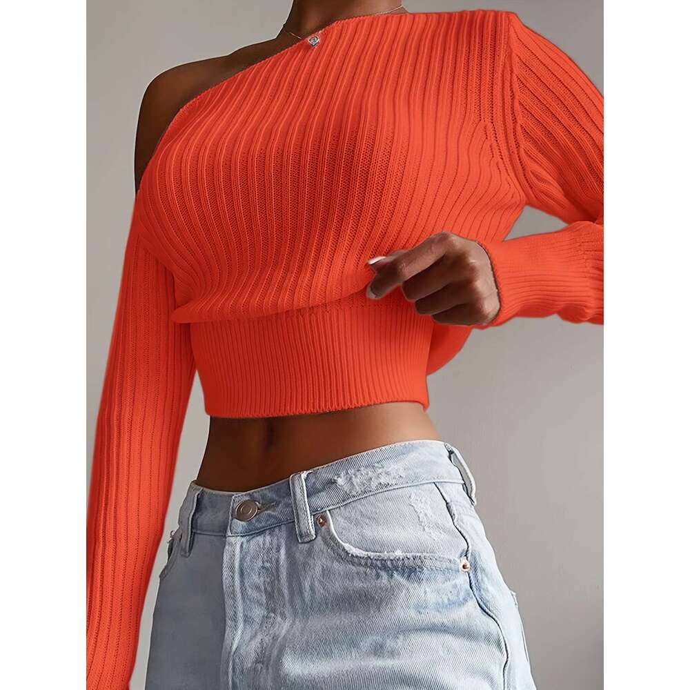 Short Sweater Women's Casual Knitted One Off Shoulder Pullover Long Sleeve Sweaters New Outerwears Autumn Slim Female Clothes