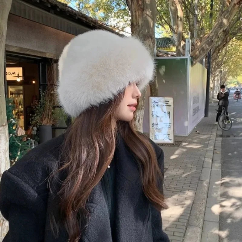 Winter plush fishermans hat suitable for women thick fluffy fur ear hat windproof and warm fashionable Panama Basin hat 241209