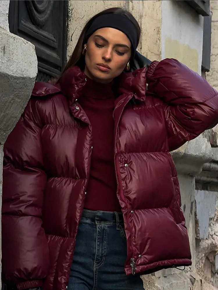 Women Fashion Burgundy Red Hooded Padded Jacket Winter Warm Stand Collar Zipper Breasted Parka 2024 Lady High Streetwear 241210