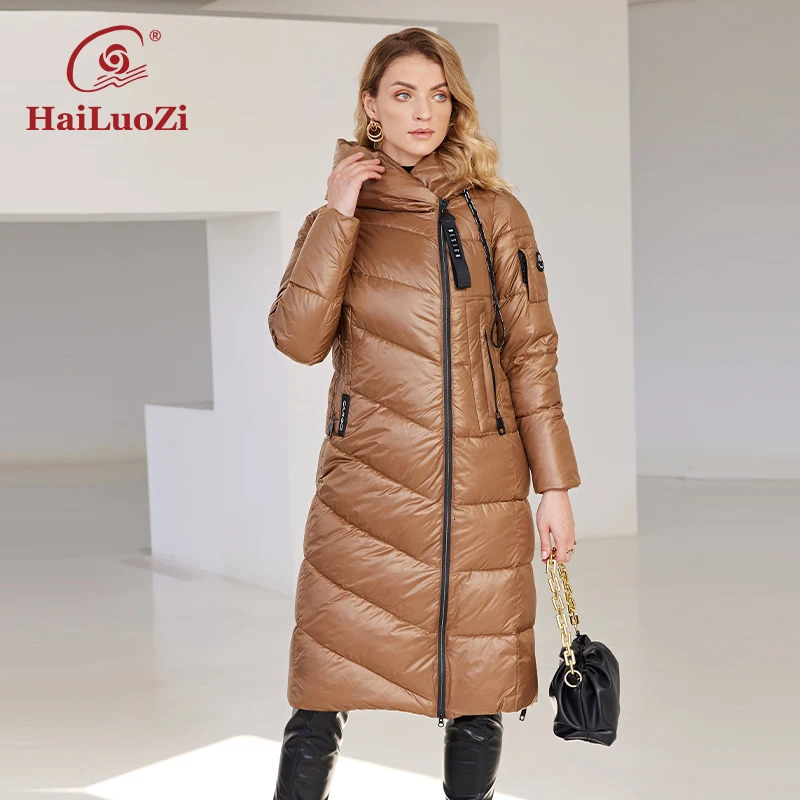 Hailuoqi 2024 womens winter jacket long windproof hooded zipper quilted casual ultrathin cotton park coat 6055 241209