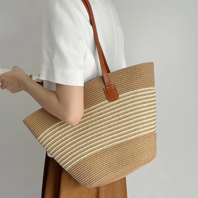 Womens Fashion Striped Summer Beach Straw Knitted Shoulder Bag Hollow Handbag Portable Large Capacity Casual Handbag 241205