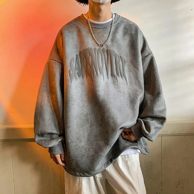 Men Trendy Vintage Sueded Letter Print Oversize Streetwear Sweatshirt Y2K Casual Round Neck Long Sleeve Pullover Hip Hop Hoodies 241209