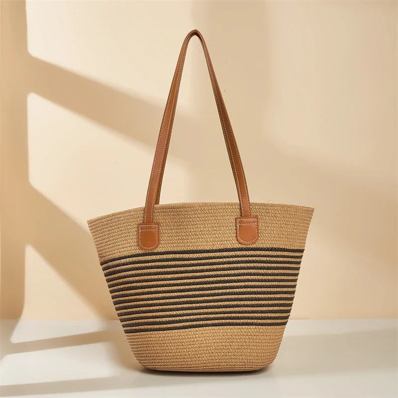Womens Fashion Striped Summer Beach Straw Knitted Shoulder Bag Hollow Handbag Portable Large Capacity Casual Handbag 241205