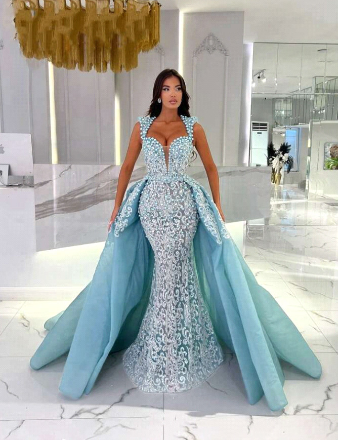 Gorgeous lace blue Mermaid Evening Dresses elegant long sleeves pearls Prom dress feathers cuff formal dresses