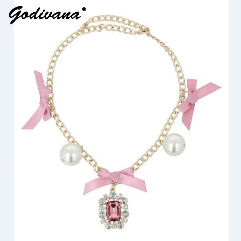 Japanese Fashion Water Diamond Pearl Bow Bag Chain Jewelry Sweet Diamond Chain Bag Charm Bow Pendant 241205