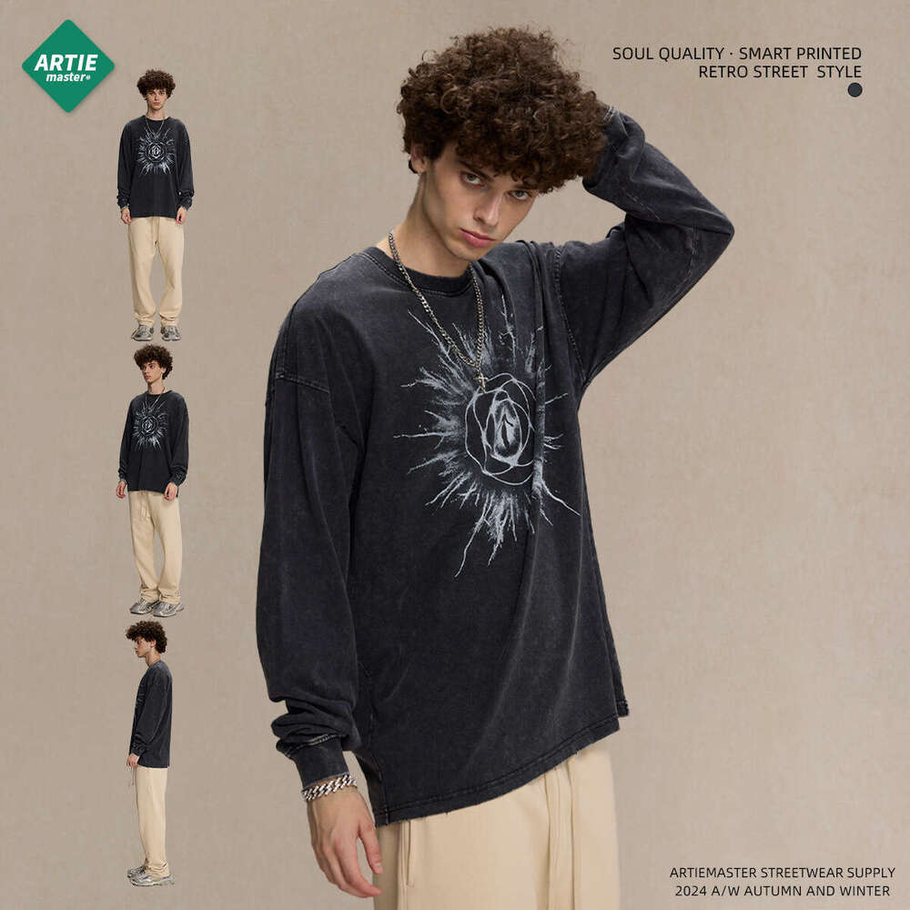 2024 Autumn Retro Washed Round Neck T-shirt for Men with Digital Direct Spray Printing Trendy Men's Long Sleeve