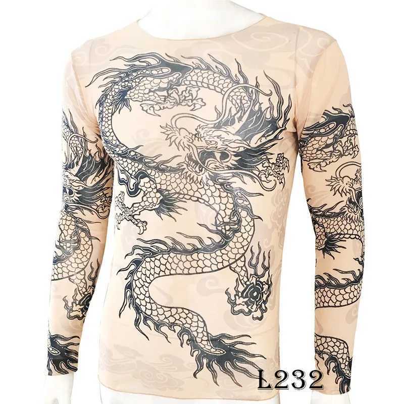 Interesting long sleeved fake tattoo T-shirt full print mens art shirt elastic slim fit pattern thin Halloween mens clothing W241210