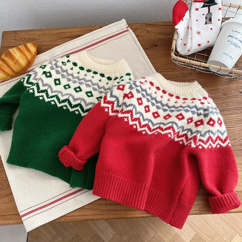 Winter Baby Christmas Sweater Childrens Jacquard Knitted Sweater Pullover Childrens Cotton Clothing Childrens cardigan Top 241210