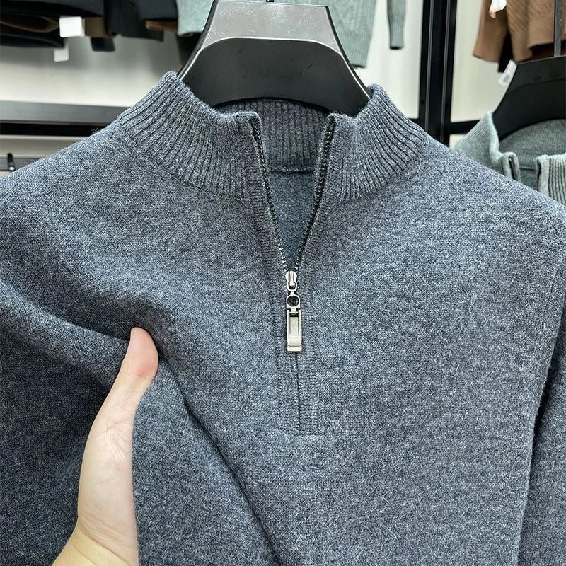 Business Half Zipper Warm Winter Men Sweater Thickened Solid Color High Quality Korean Streetwear Fashion Tops Pullovers 241209