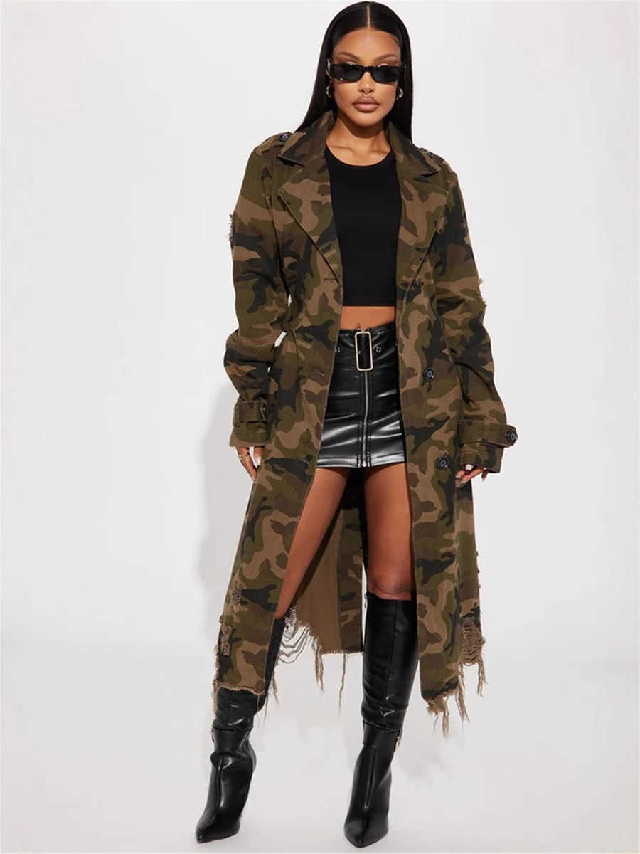 Women's Jackets Women's torn personality camouflage long trench coat with belt Q241210