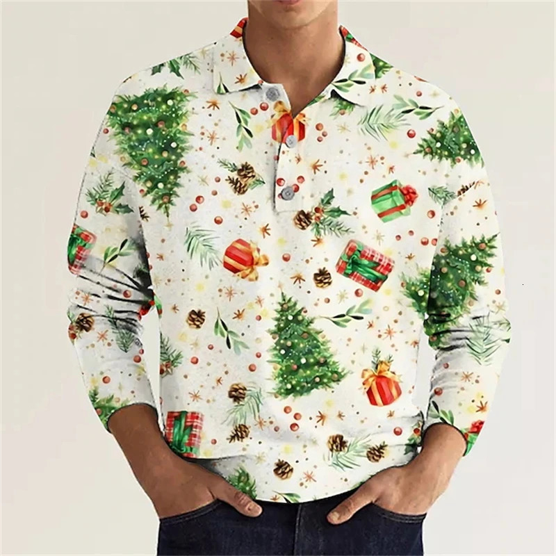 Christmas Festival Men 3D Xmas Trees Graphic Long Sleeve Polo Shirt Kids Clothes Trendy Casual Button Shirts Tops 241202