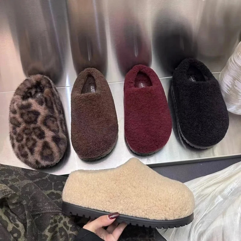 Leopard Platform Fur Slider Womens Home Cotton Shoes Winter Warm Leisure Plush Mule 2024 Trend Flip up Womens Cedar Drone241209