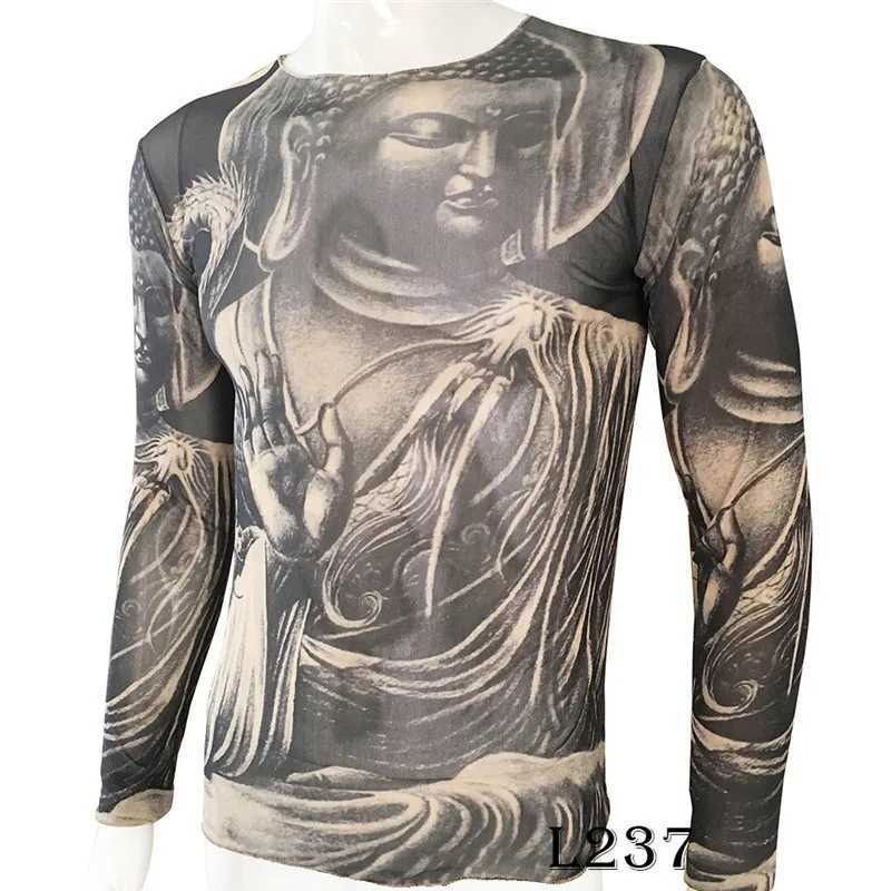 Interesting long sleeved fake tattoo T-shirt full print mens art shirt elastic slim fit pattern thin Halloween mens clothing W241210