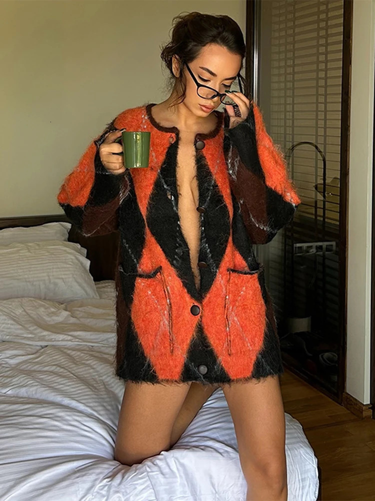 Mohair Plaid Contrast Women Sweater O Neck Full Sleeve Lady Cardigan 2024 Fashion Autumn Loose Single-breasted Female Knitwear 241225