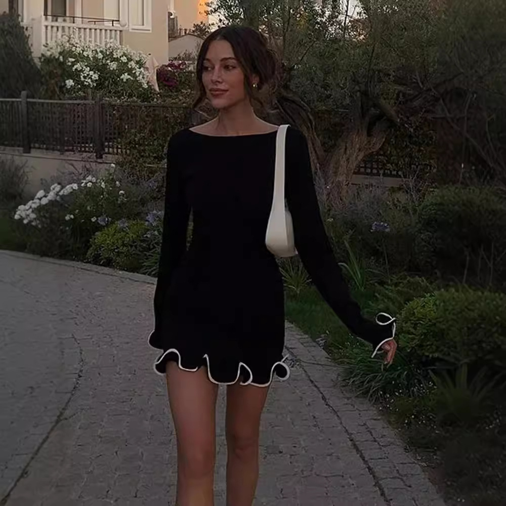 Women's Autumn New Lace Dress Women Slim Fit High Waist Slim Look Long Sleeve Knitted Short Skirt Luxury Letters Knitted Tank Dress Women