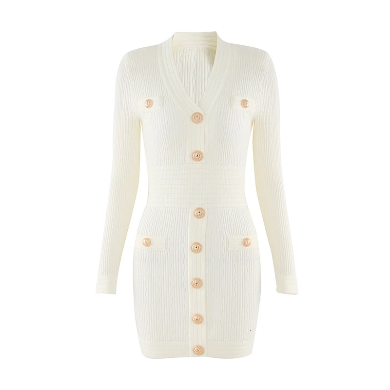 Harleyfashion New Autumn Designing Urious Long Sleeve V-Neck 4 Colors Sheath Casual Knitted Mini Dress