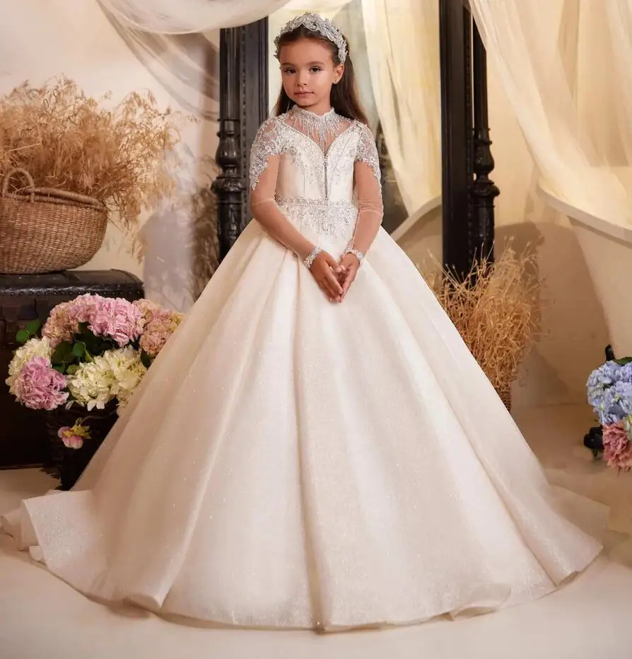 Lace Apliques wer Girls Dresses Long Sleeves Childrens First Communion Pageant Princess Wedding Party Dress Kids Formal wear Court Train
